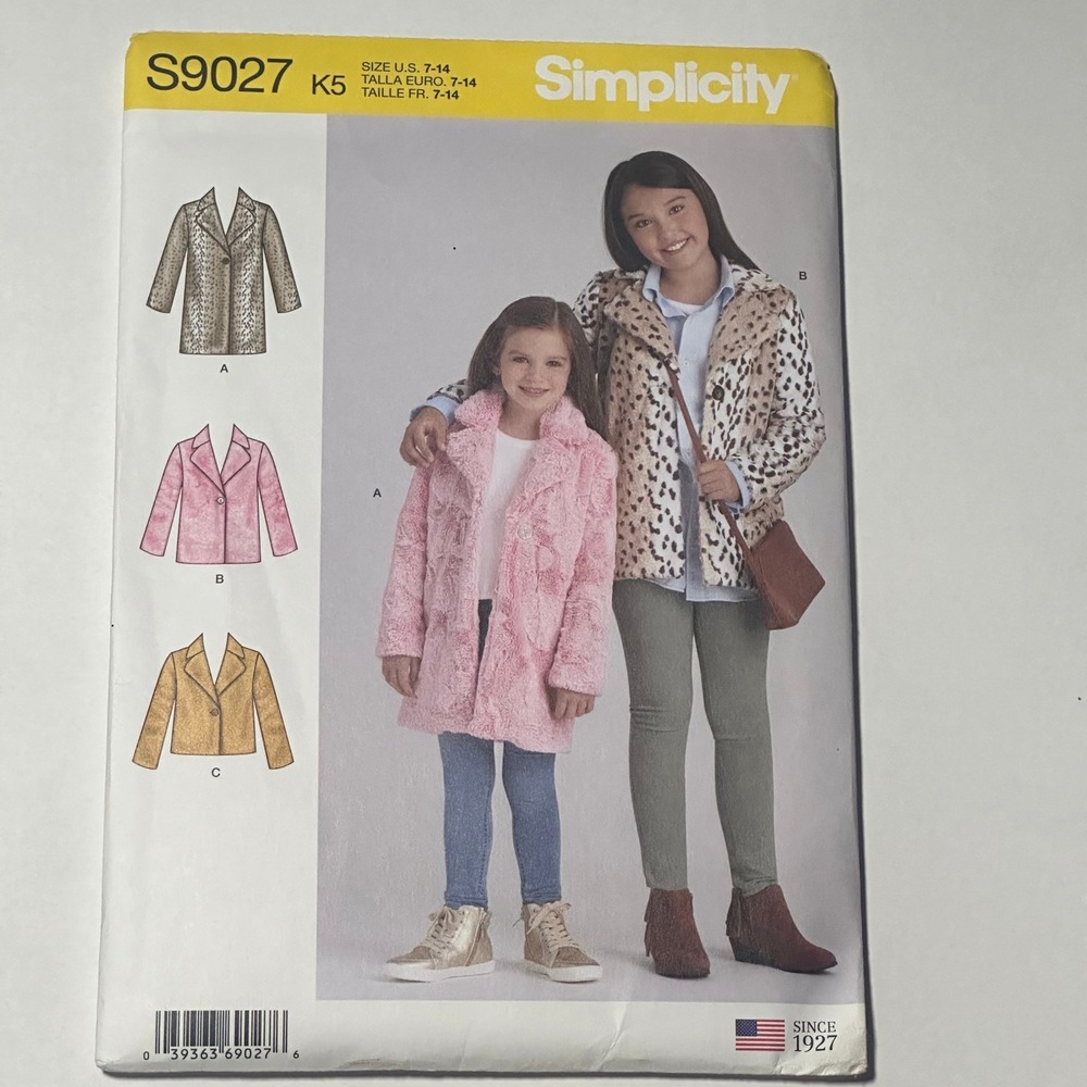 Simplicity S9027 Sewing Pattern Girls Size 7-14 Lined Coat Uncut Factory Folded